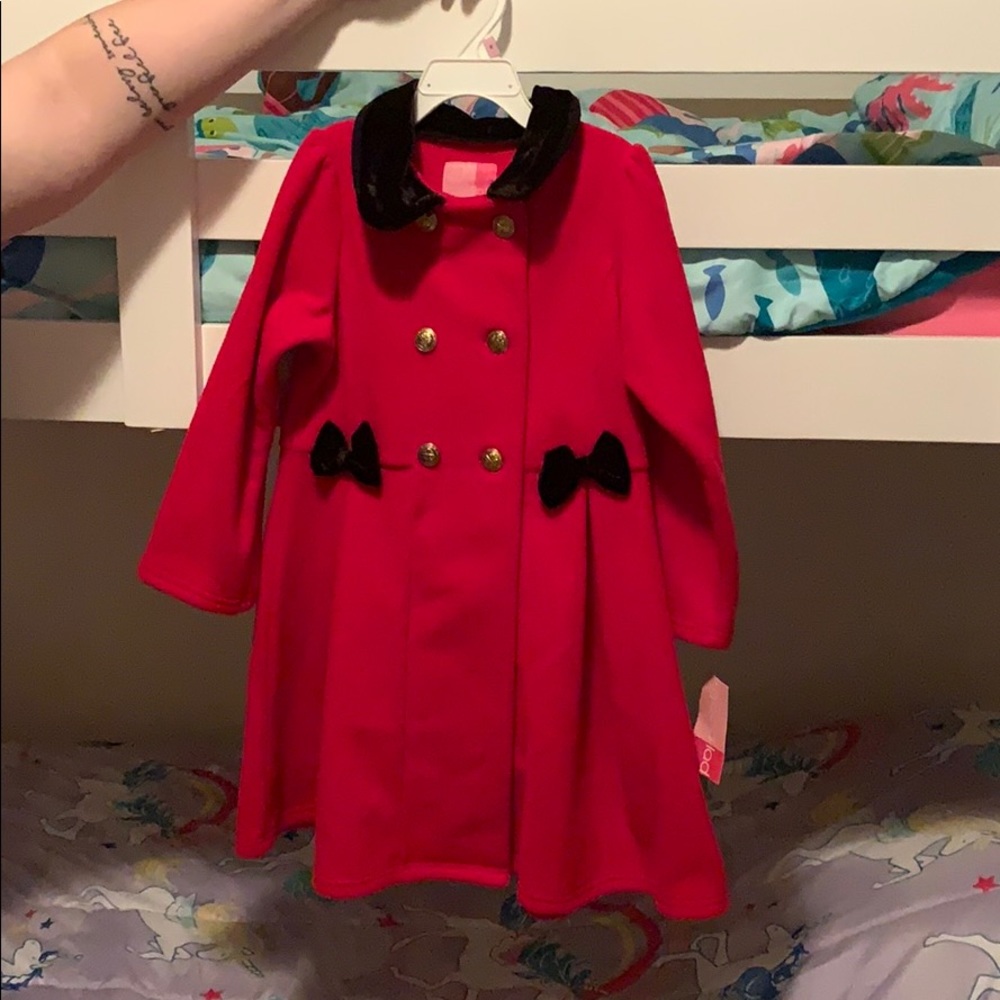Red holiday peacoat, hat set